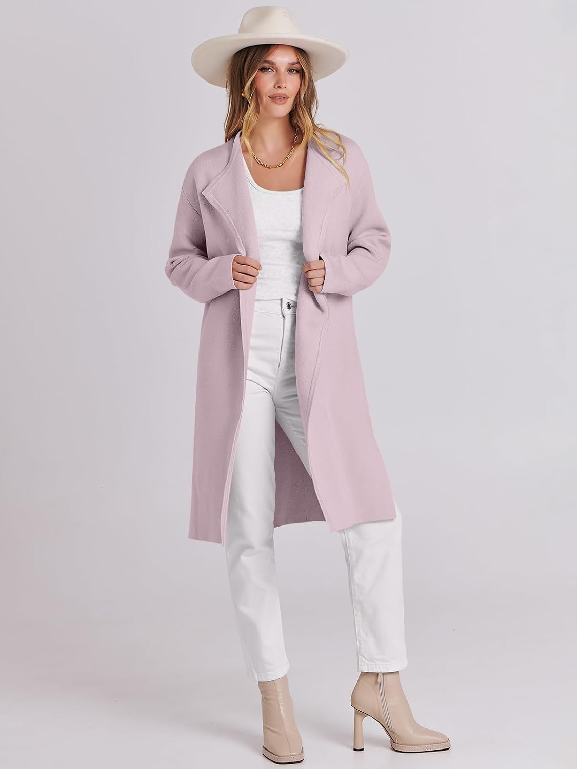 image:imageANRABESS Womens Long Cardigans Sweater 2026 Fall Dressy Casual Lapel Knit Warm Trench Coatigan Oversized Blazer Jacket CoatLight Pink