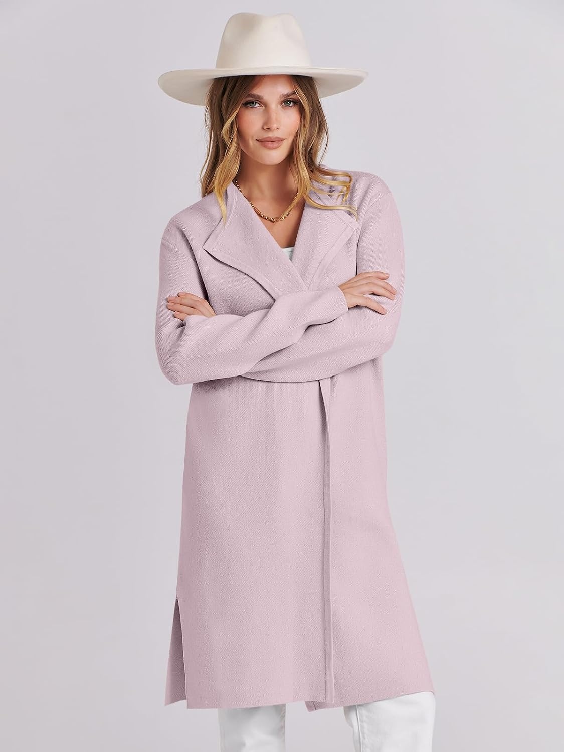 image:imageANRABESS Womens Long Cardigans Sweater 2026 Fall Dressy Casual Lapel Knit Warm Trench Coatigan Oversized Blazer Jacket CoatLight Pink