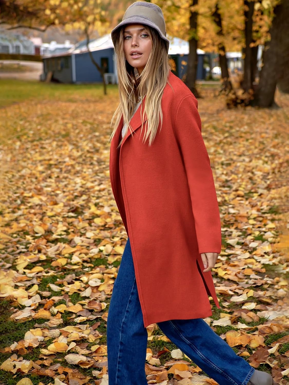 image:imageANRABESS Womens Long Cardigans Sweater 2026 Fall Dressy Casual Lapel Knit Warm Trench Coatigan Oversized Blazer Jacket CoatOrange