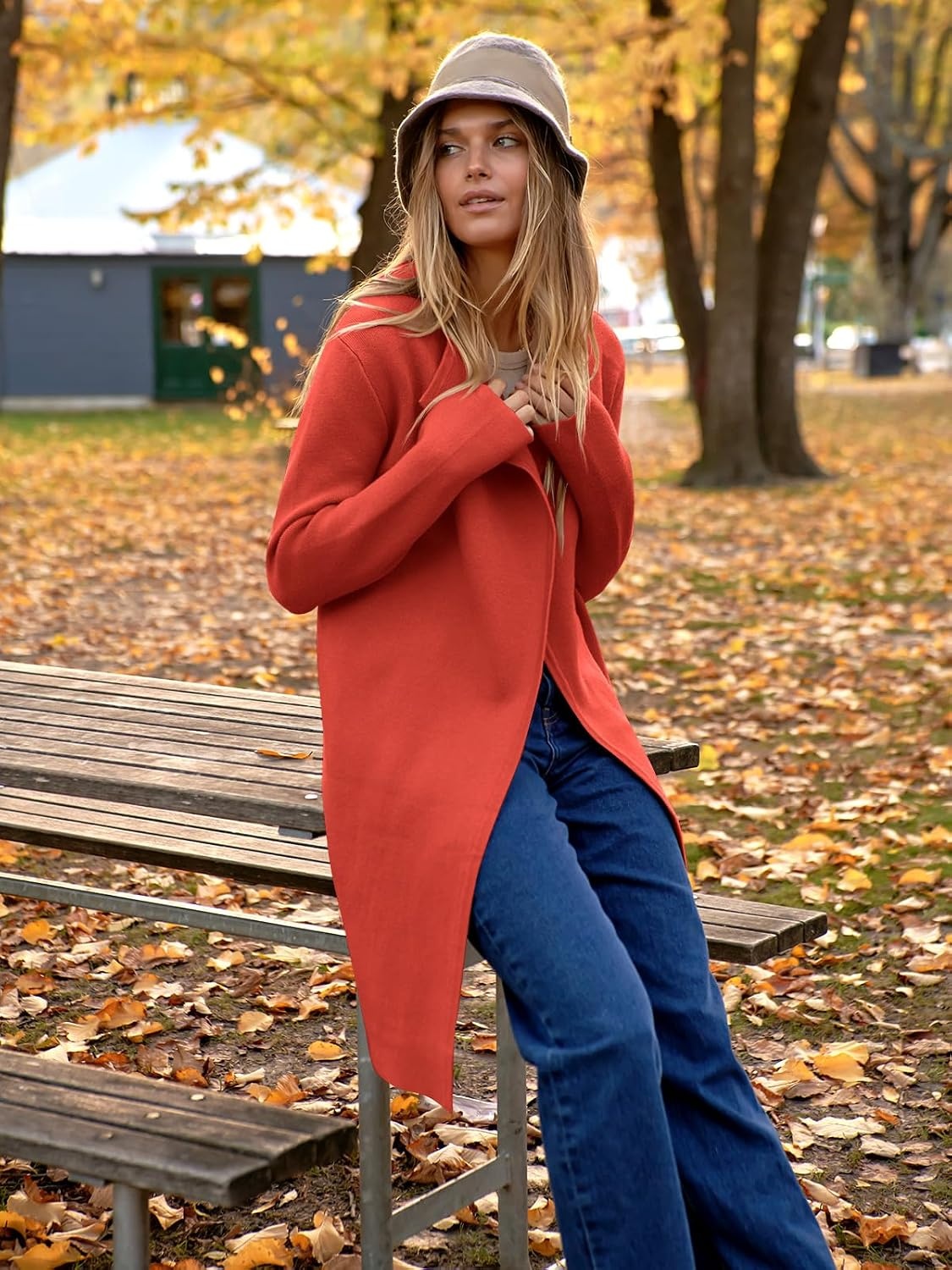 image:imageANRABESS Womens Long Cardigans Sweater 2026 Fall Dressy Casual Lapel Knit Warm Trench Coatigan Oversized Blazer Jacket CoatOrange