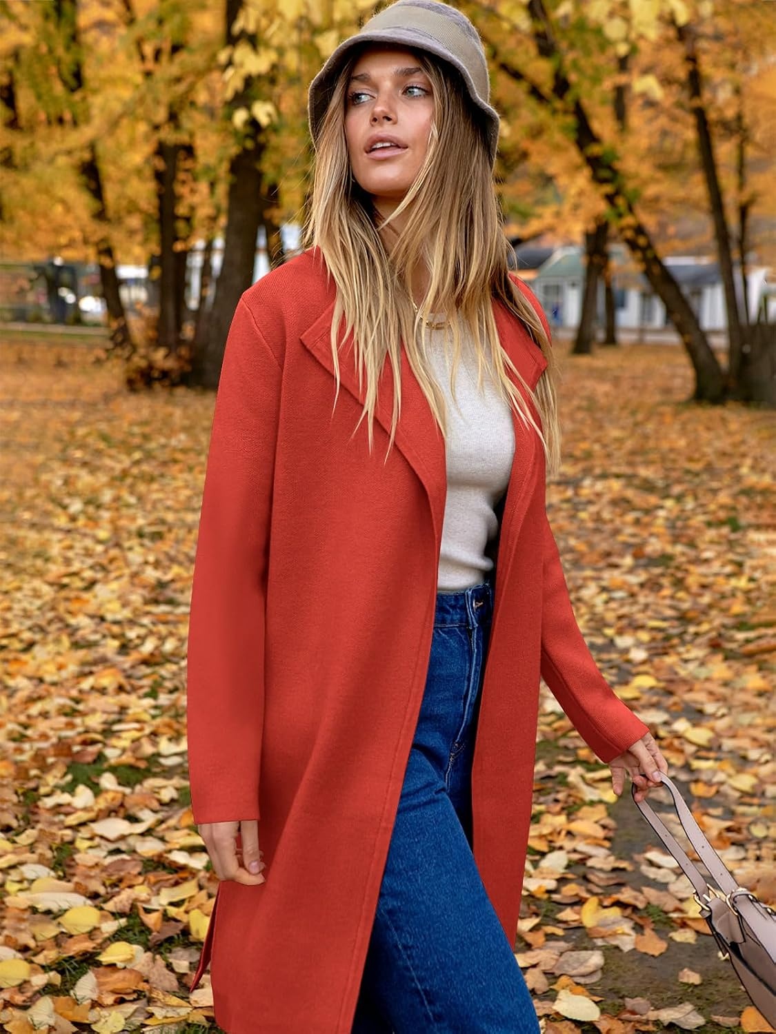 image:imageANRABESS Womens Long Cardigans Sweater 2026 Fall Dressy Casual Lapel Knit Warm Trench Coatigan Oversized Blazer Jacket CoatOrange