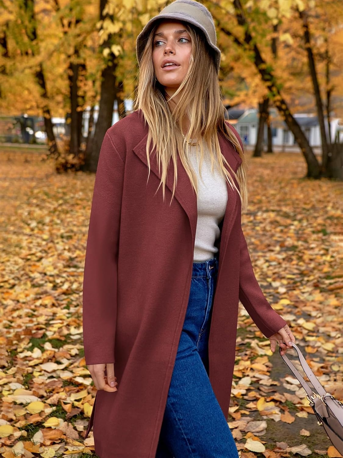image:imageANRABESS Womens Long Cardigans Sweater 2026 Fall Dressy Casual Lapel Knit Warm Trench Coatigan Oversized Blazer Jacket CoatRusty Red