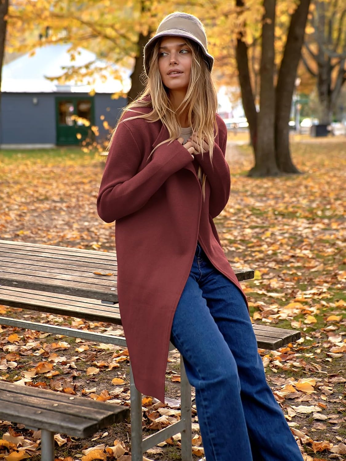 image:imageANRABESS Womens Long Cardigans Sweater 2026 Fall Dressy Casual Lapel Knit Warm Trench Coatigan Oversized Blazer Jacket CoatRusty Red