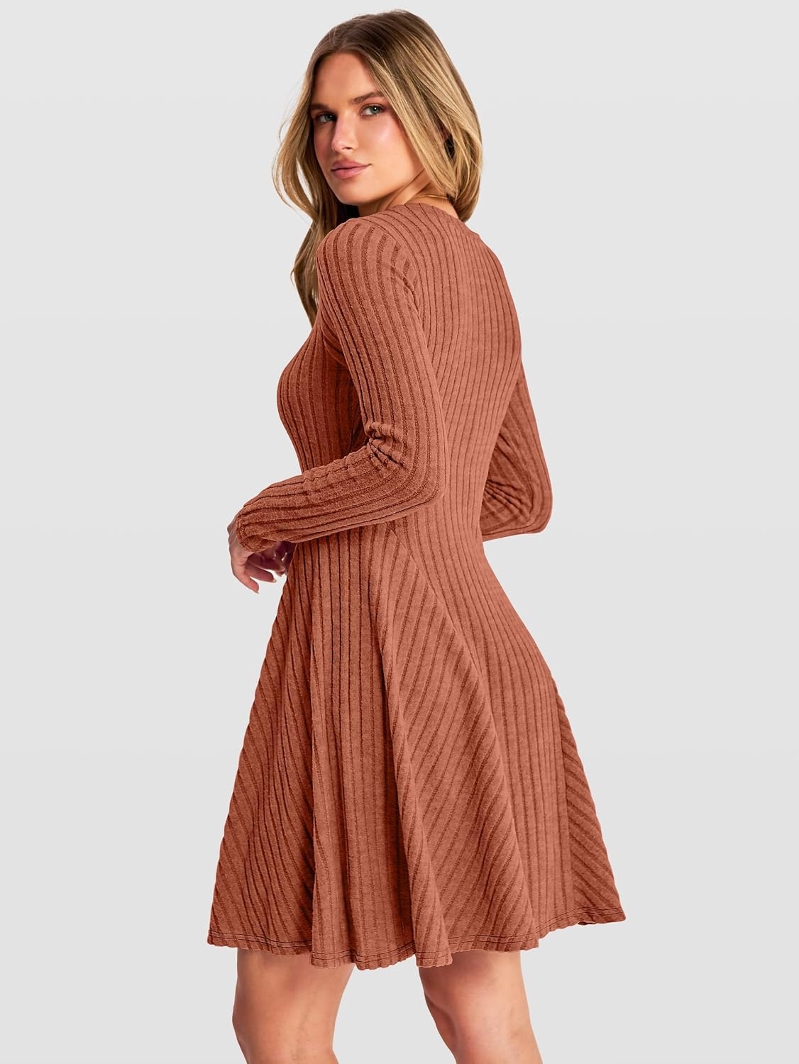 image:imageANRABESS Womens Long Sleeve Fall Dresses Ribbed Knit Sweater DressBurnt Orange