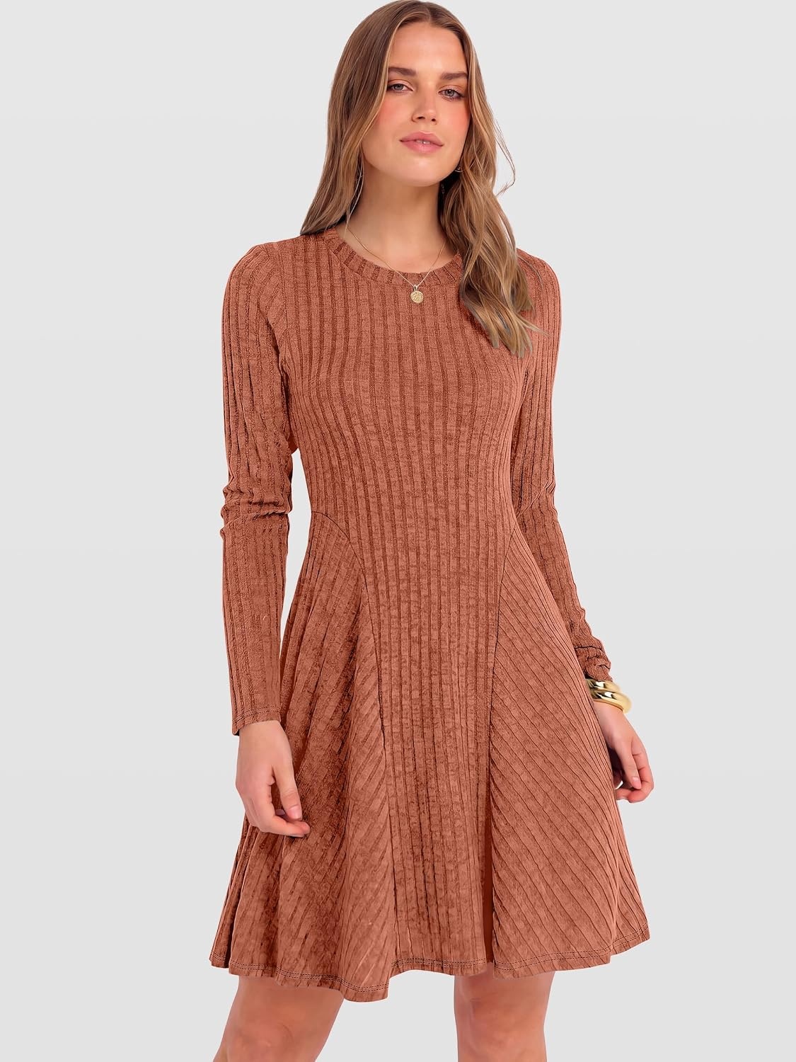 image:imageANRABESS Womens Long Sleeve Fall Dresses Ribbed Knit Sweater DressBurnt Orange