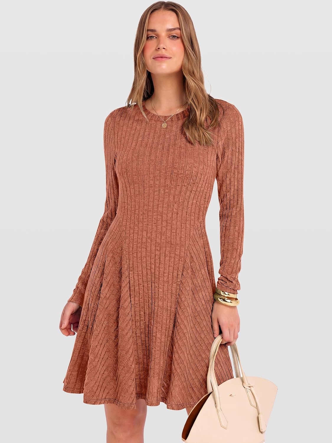 image:imageANRABESS Womens Long Sleeve Fall Dresses Ribbed Knit Sweater DressBurnt Orange