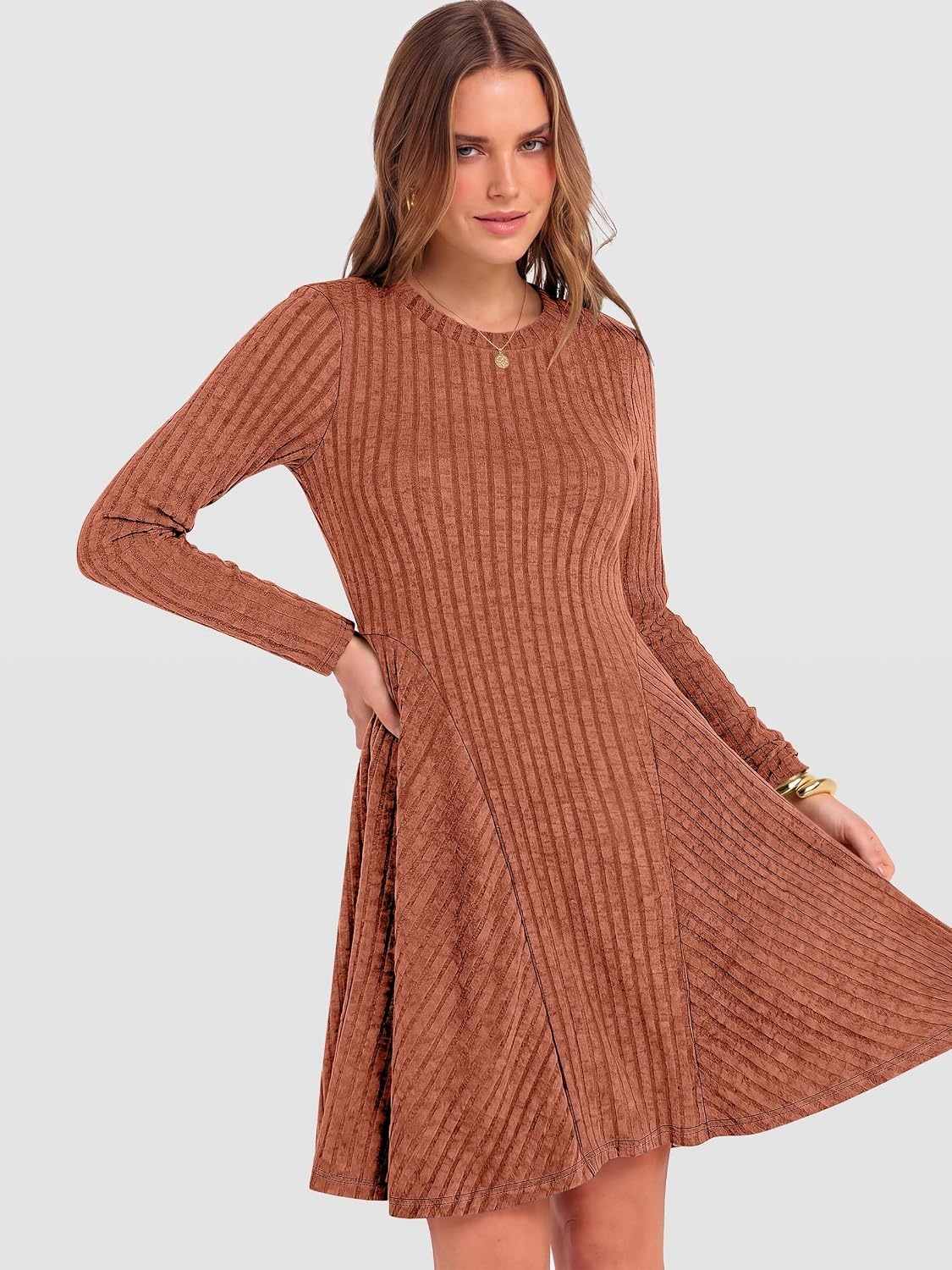 image:imageANRABESS Womens Long Sleeve Fall Dresses Ribbed Knit Sweater DressBurnt Orange