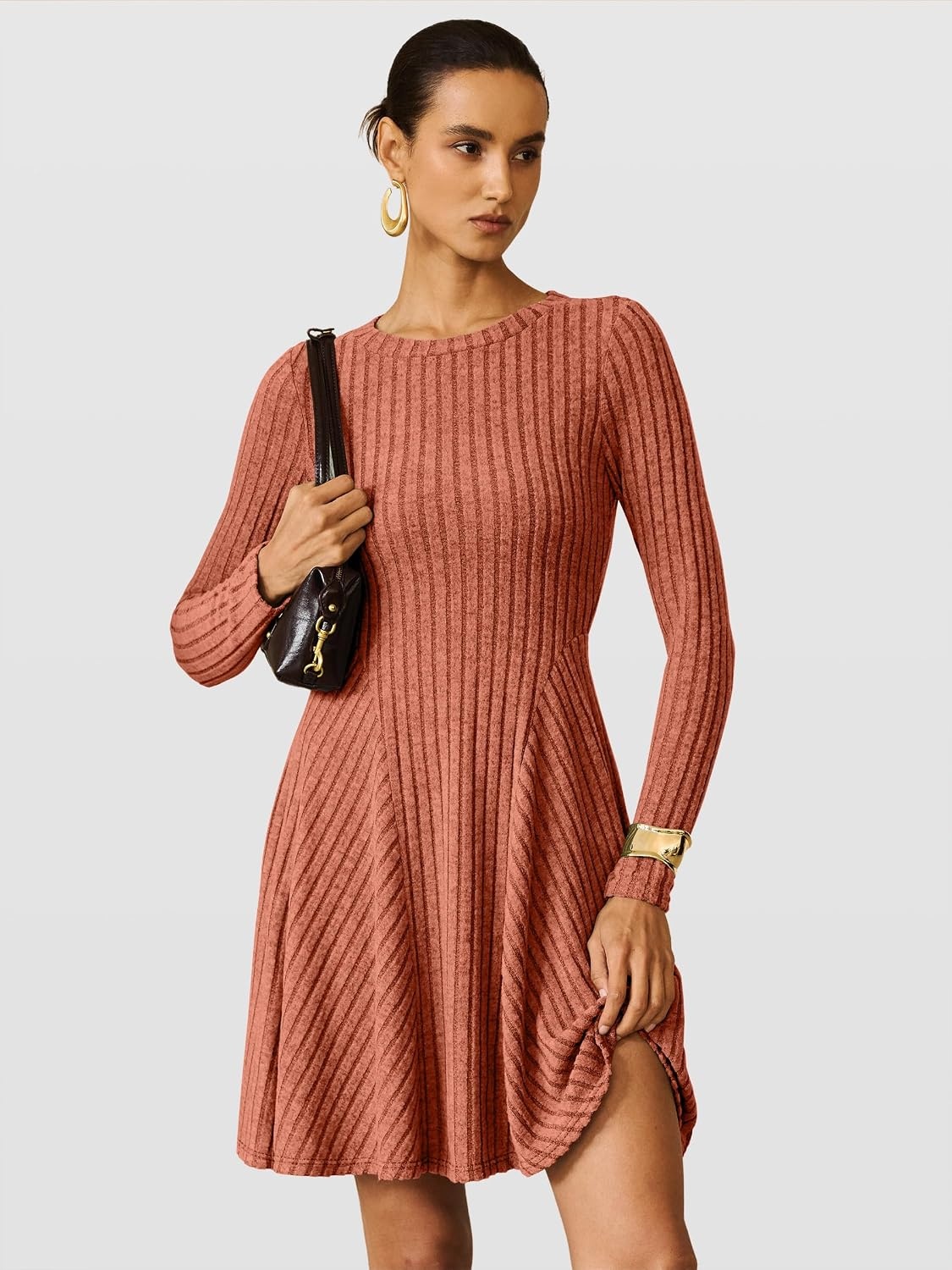 image:imageANRABESS Womens Long Sleeve Fall Dresses Ribbed Knit Sweater DressBurnt Orange