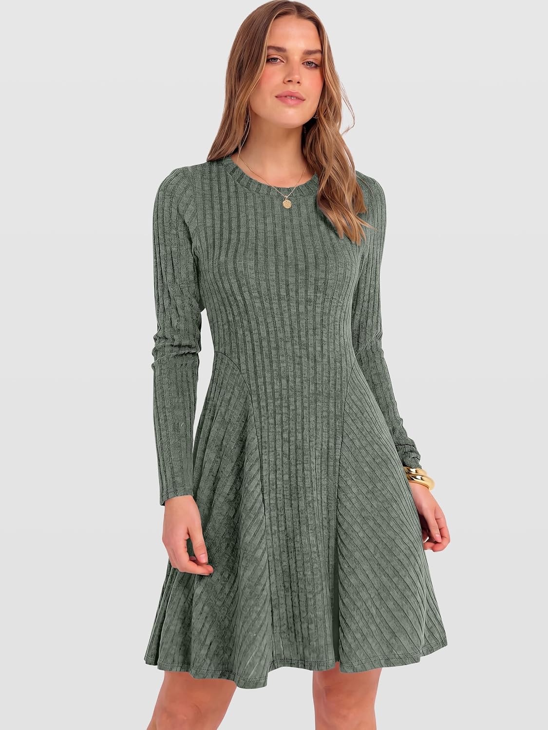 image:imageANRABESS Womens Long Sleeve Fall Dresses Ribbed Knit Sweater DressGray Green