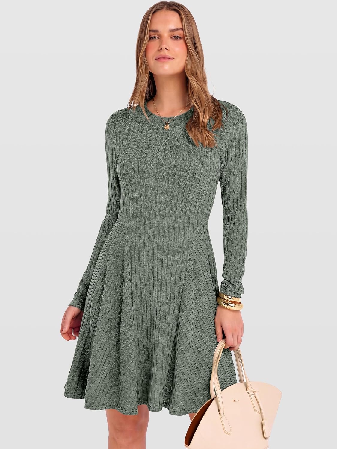 image:imageANRABESS Womens Long Sleeve Fall Dresses Ribbed Knit Sweater DressGray Green