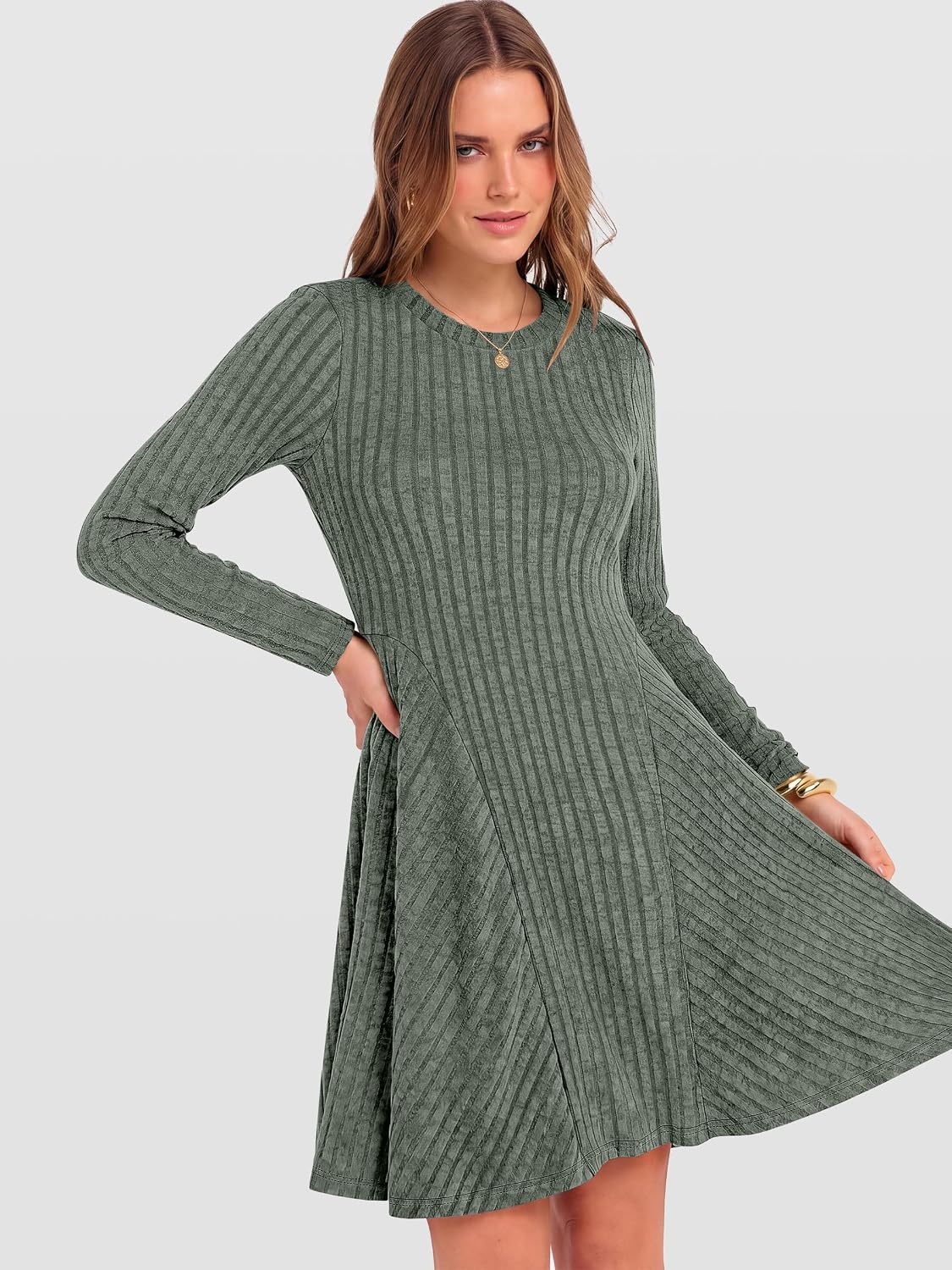 image:imageANRABESS Womens Long Sleeve Fall Dresses Ribbed Knit Sweater DressGray Green
