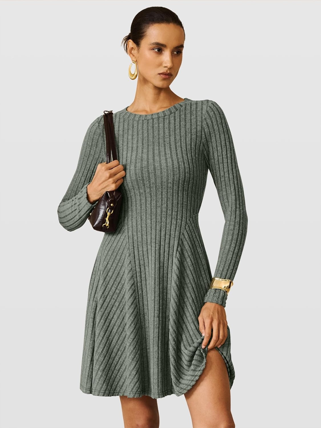 image:imageANRABESS Womens Long Sleeve Fall Dresses Ribbed Knit Sweater DressGray Green