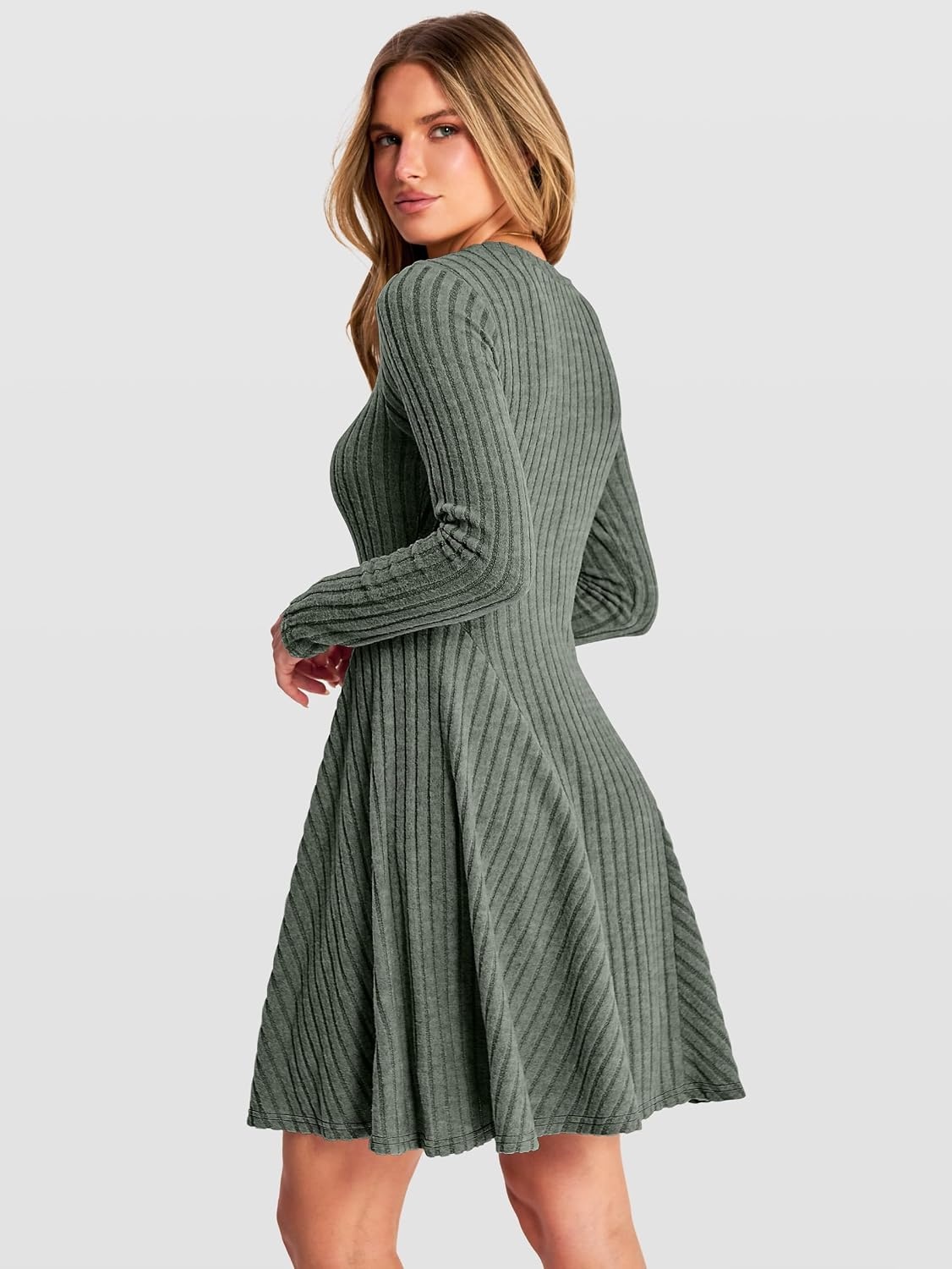 image:imageANRABESS Womens Long Sleeve Fall Dresses Ribbed Knit Sweater DressGray Green