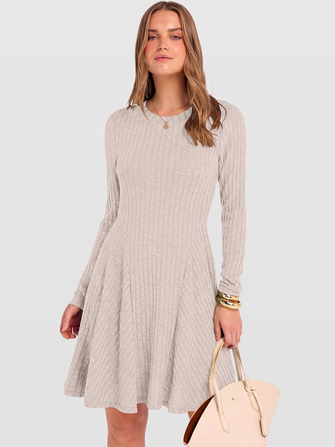 image:imageANRABESS Womens Long Sleeve Fall Dresses Ribbed Knit Sweater DressLight Khaki
