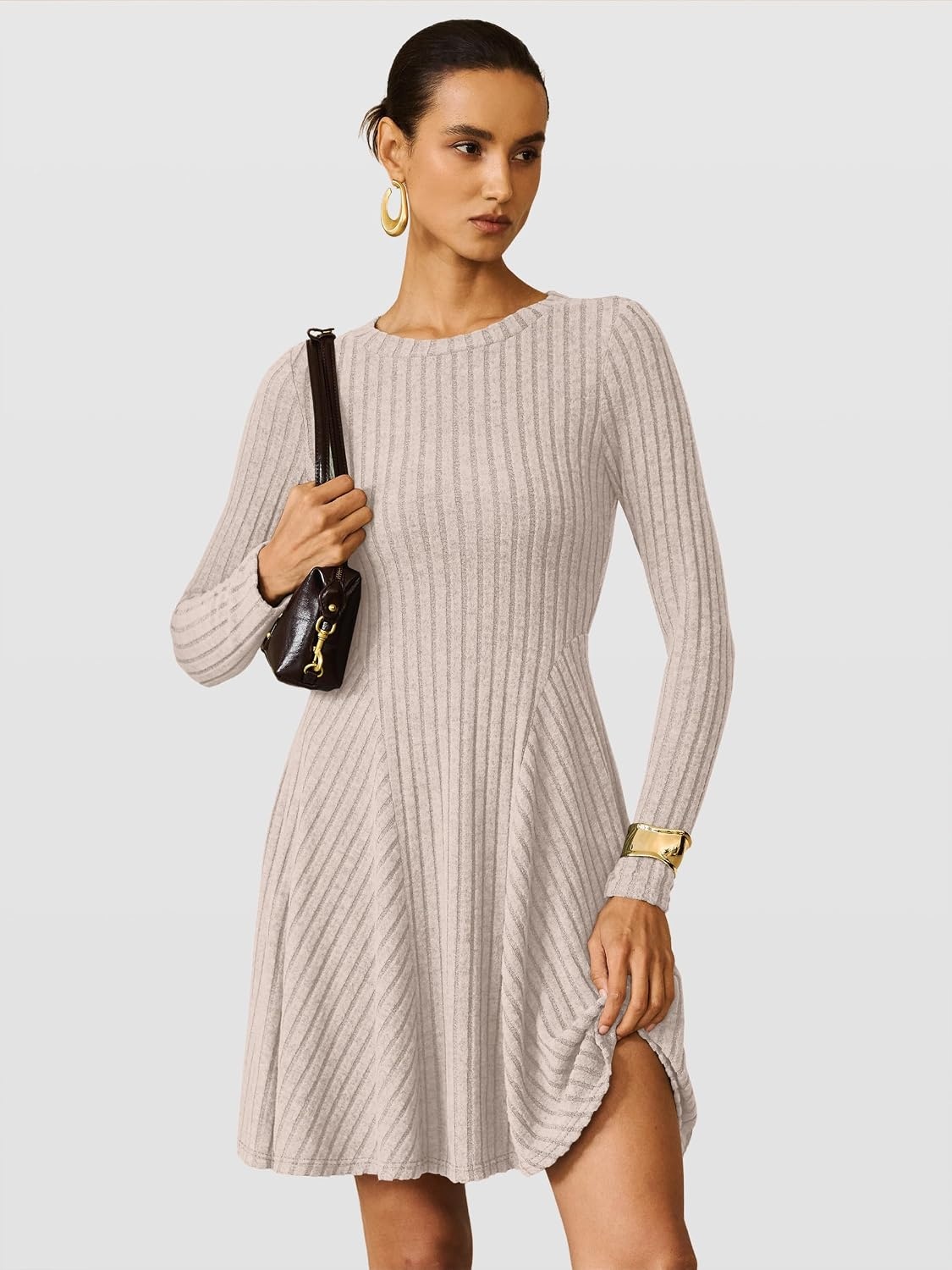 image:imageANRABESS Womens Long Sleeve Fall Dresses Ribbed Knit Sweater DressLight Khaki