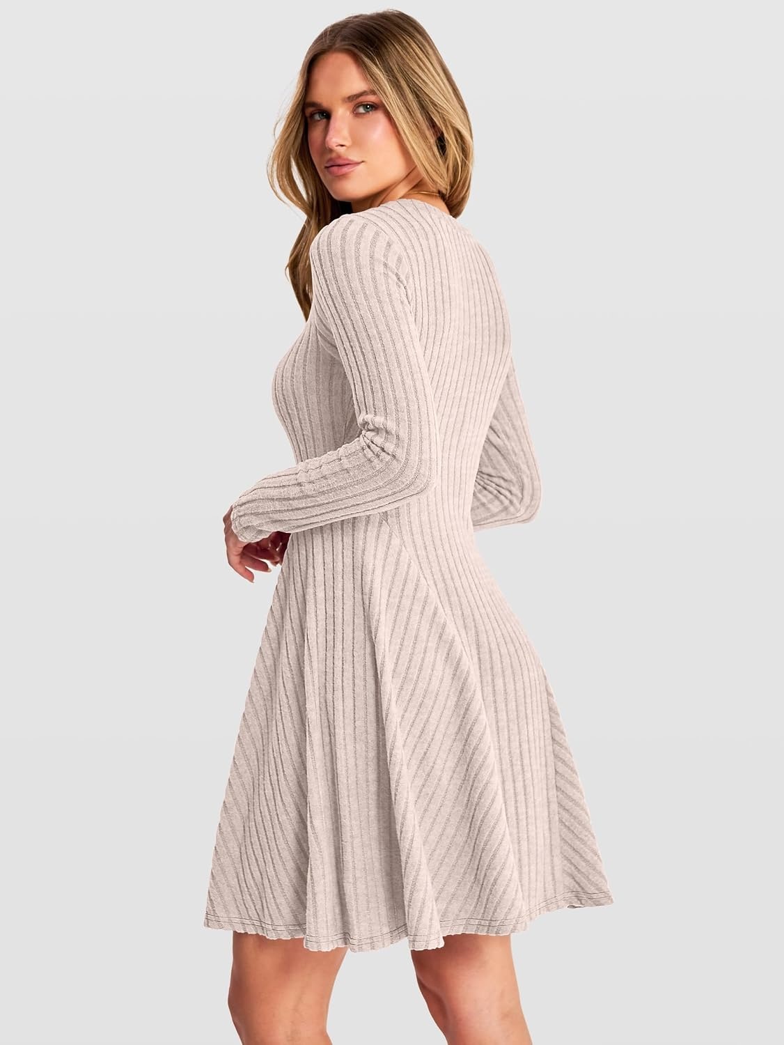 image:imageANRABESS Womens Long Sleeve Fall Dresses Ribbed Knit Sweater DressLight Khaki