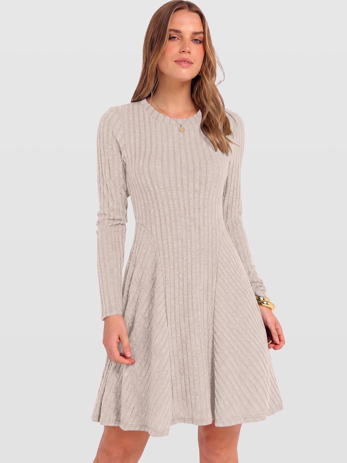 image:imageANRABESS Womens Long Sleeve Fall Dresses Ribbed Knit Sweater DressLight Khaki
