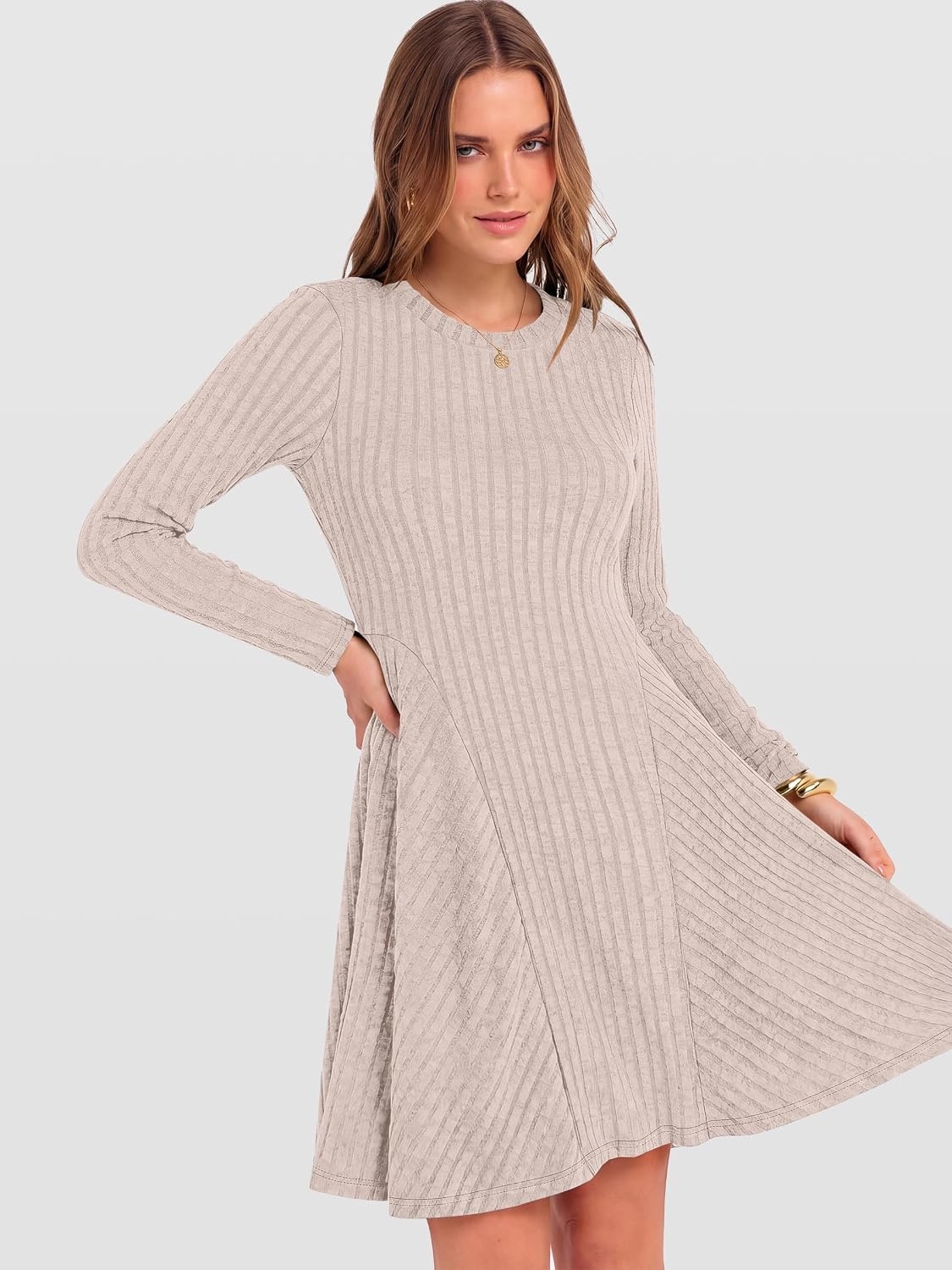 image:imageANRABESS Womens Long Sleeve Fall Dresses Ribbed Knit Sweater DressLight Khaki