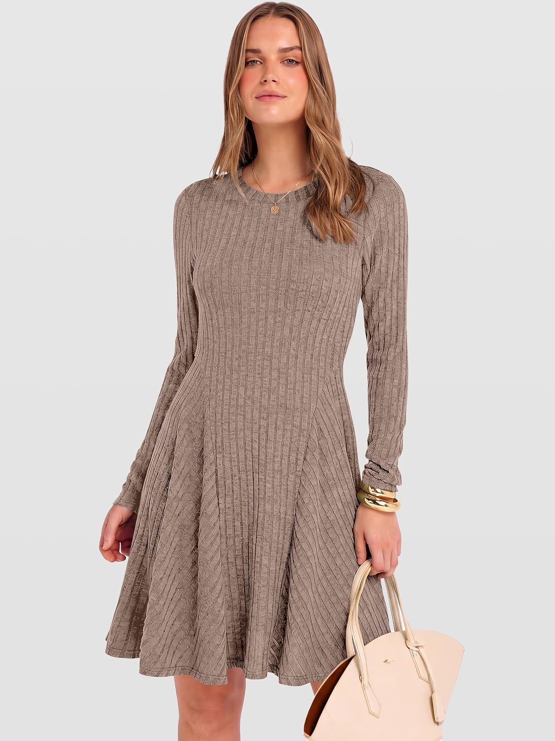 image:imageANRABESS Womens Long Sleeve Fall Dresses Ribbed Knit Sweater DressTan