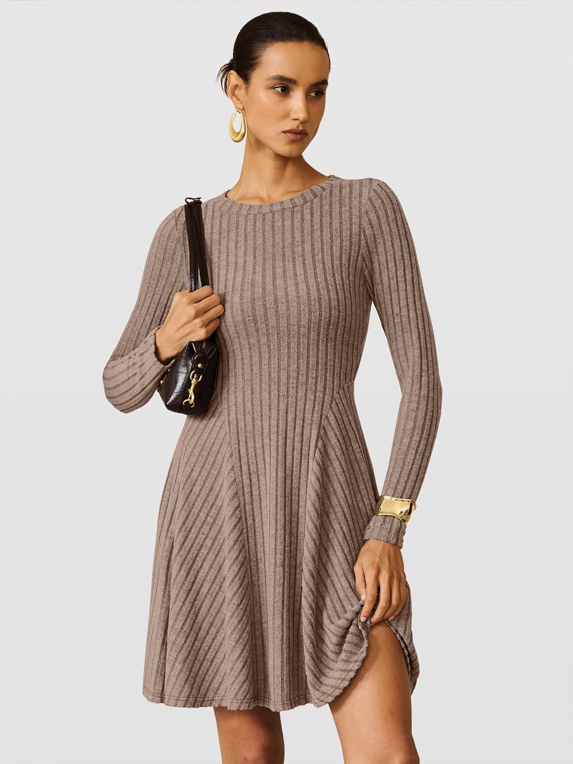 image:imageANRABESS Womens Long Sleeve Fall Dresses Ribbed Knit Sweater DressTan