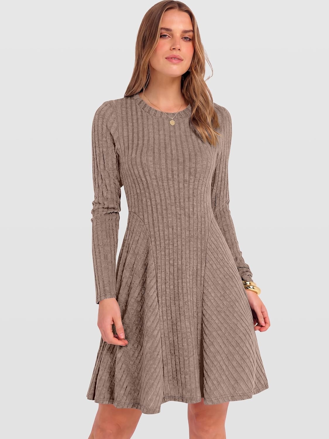 image:imageANRABESS Womens Long Sleeve Fall Dresses Ribbed Knit Sweater DressTan