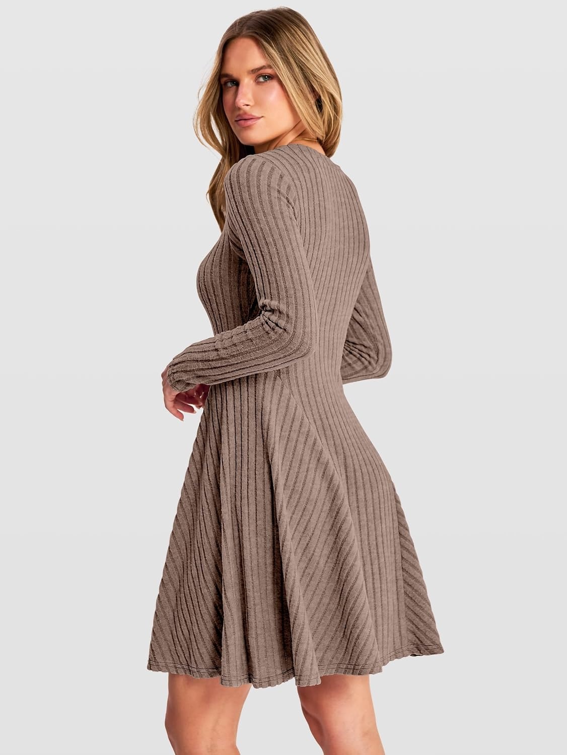 image:imageANRABESS Womens Long Sleeve Fall Dresses Ribbed Knit Sweater DressTan