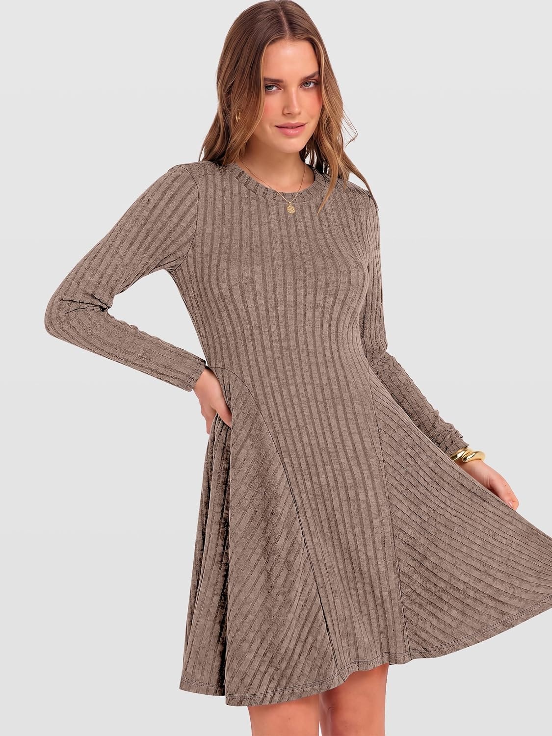 image:imageANRABESS Womens Long Sleeve Fall Dresses Ribbed Knit Sweater DressTan