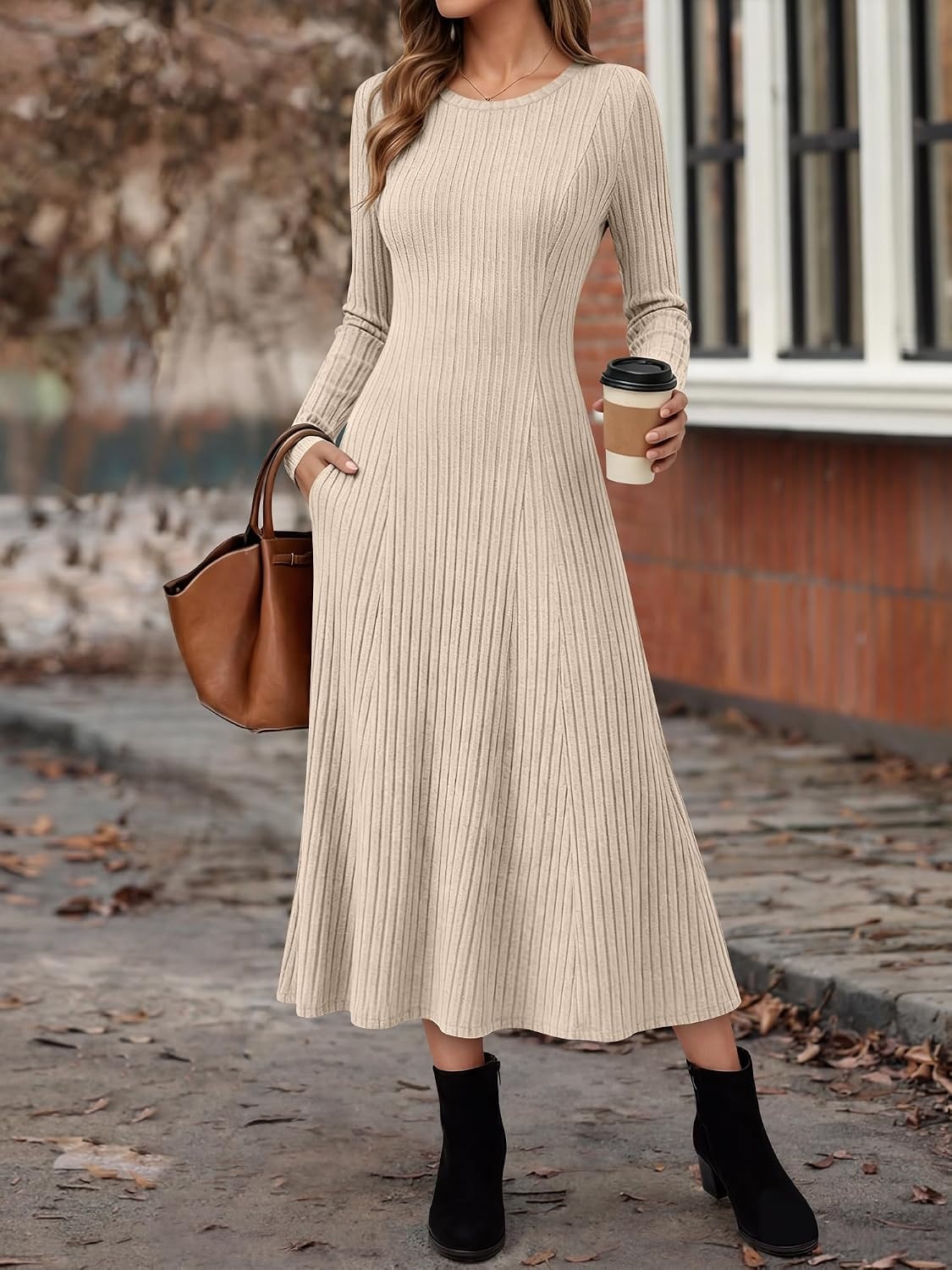image:imageANRABESS Womens Long Sleeve Ribbed Knit Fall Casual Maxi DressBeige