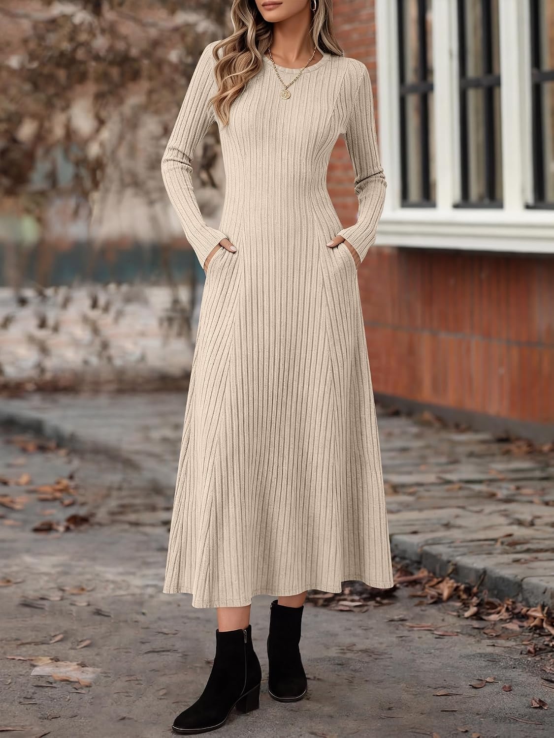 image:imageANRABESS Womens Long Sleeve Ribbed Knit Fall Casual Maxi DressBeige