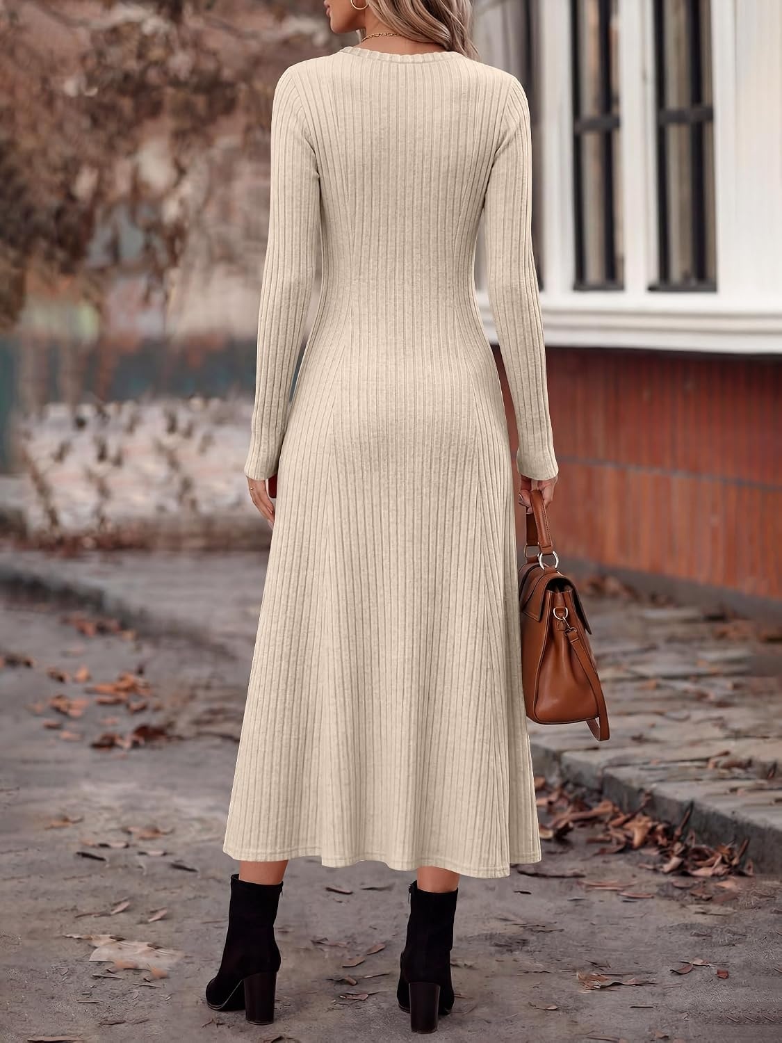 image:imageANRABESS Womens Long Sleeve Ribbed Knit Fall Casual Maxi DressBeige