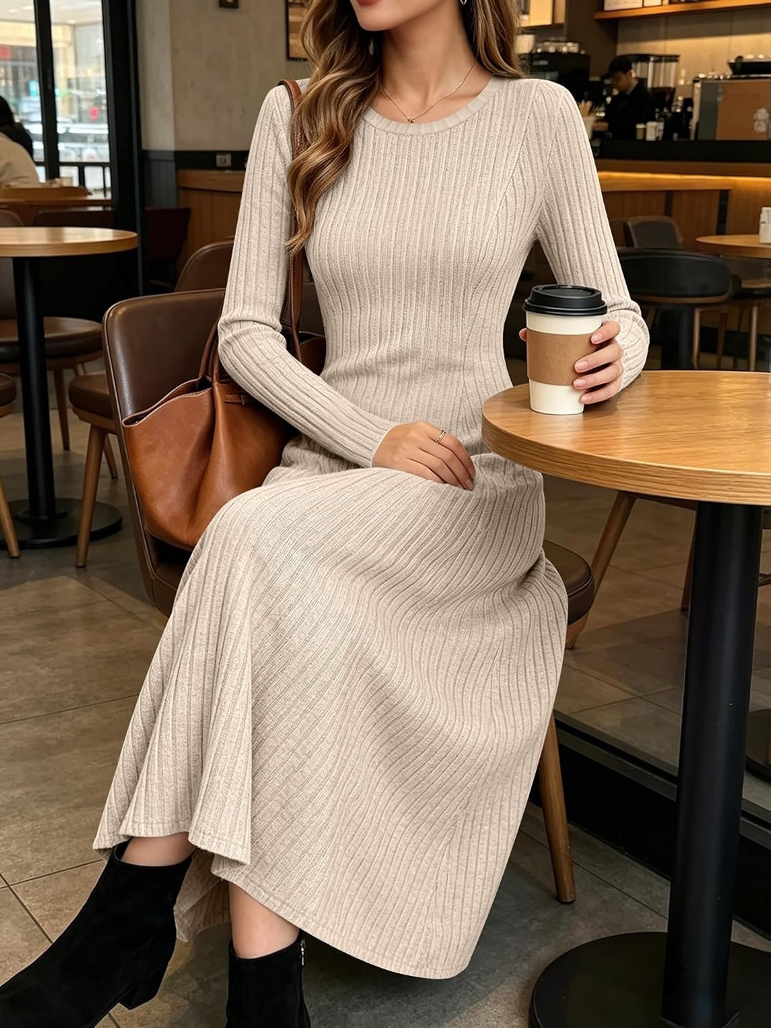 image:imageANRABESS Womens Long Sleeve Ribbed Knit Fall Casual Maxi DressBeige