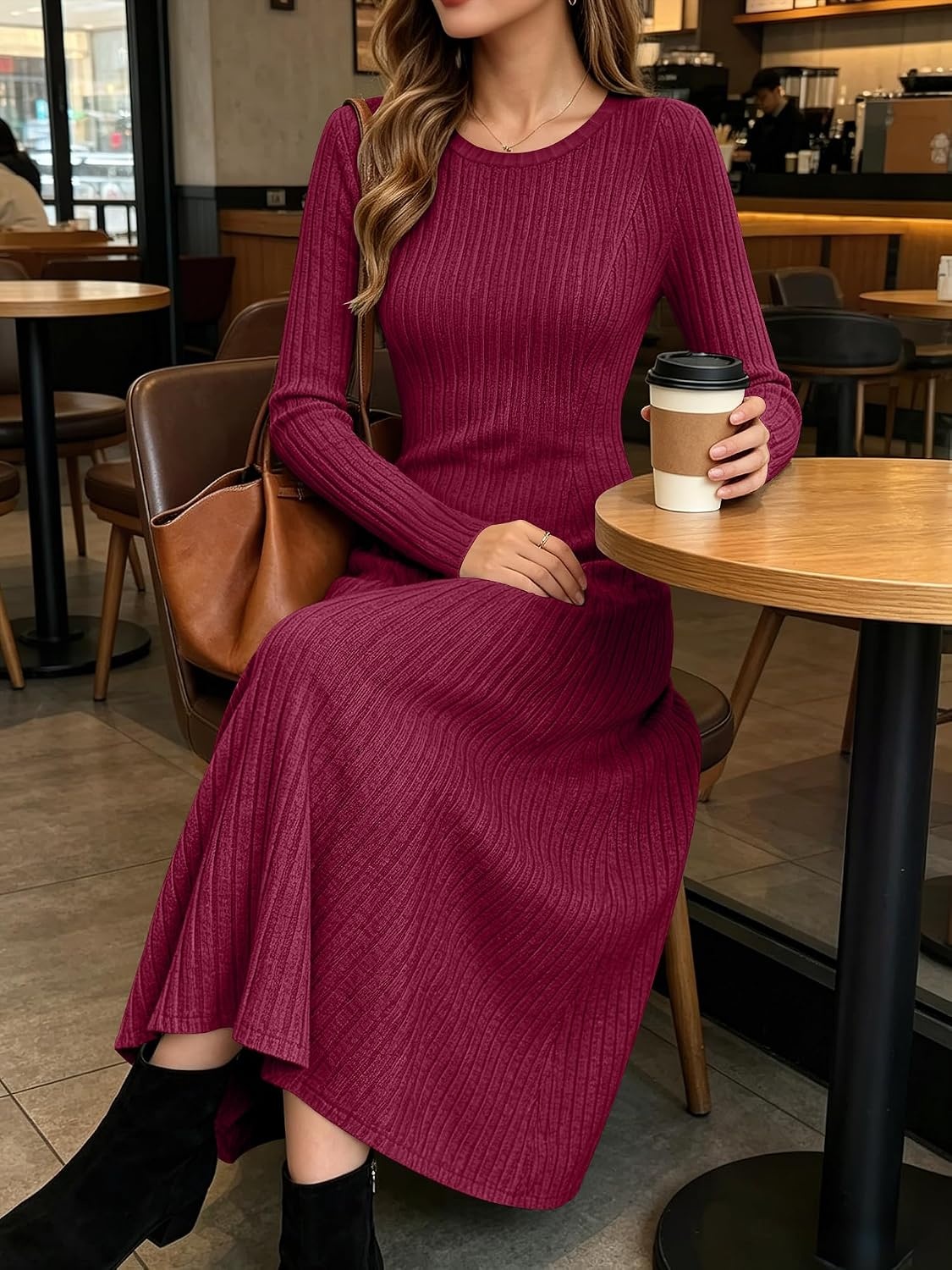 image:imageANRABESS Womens Long Sleeve Ribbed Knit Fall Casual Maxi DressBurgundy