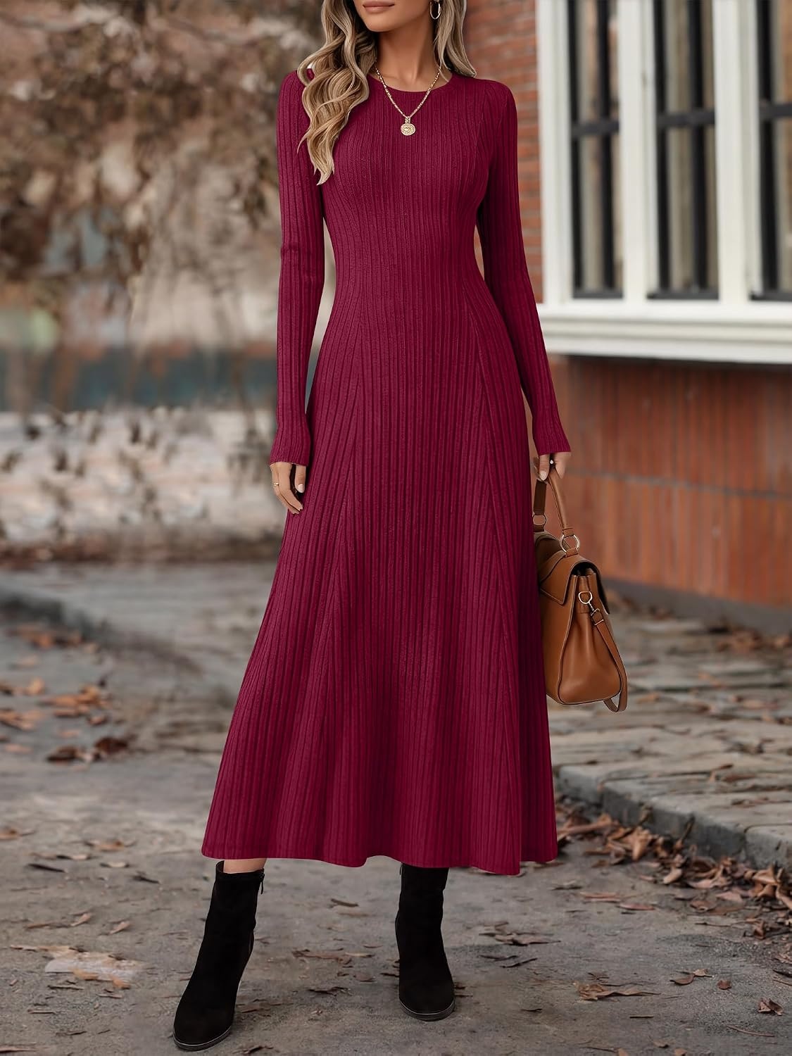 image:imageANRABESS Womens Long Sleeve Ribbed Knit Fall Casual Maxi DressBurgundy
