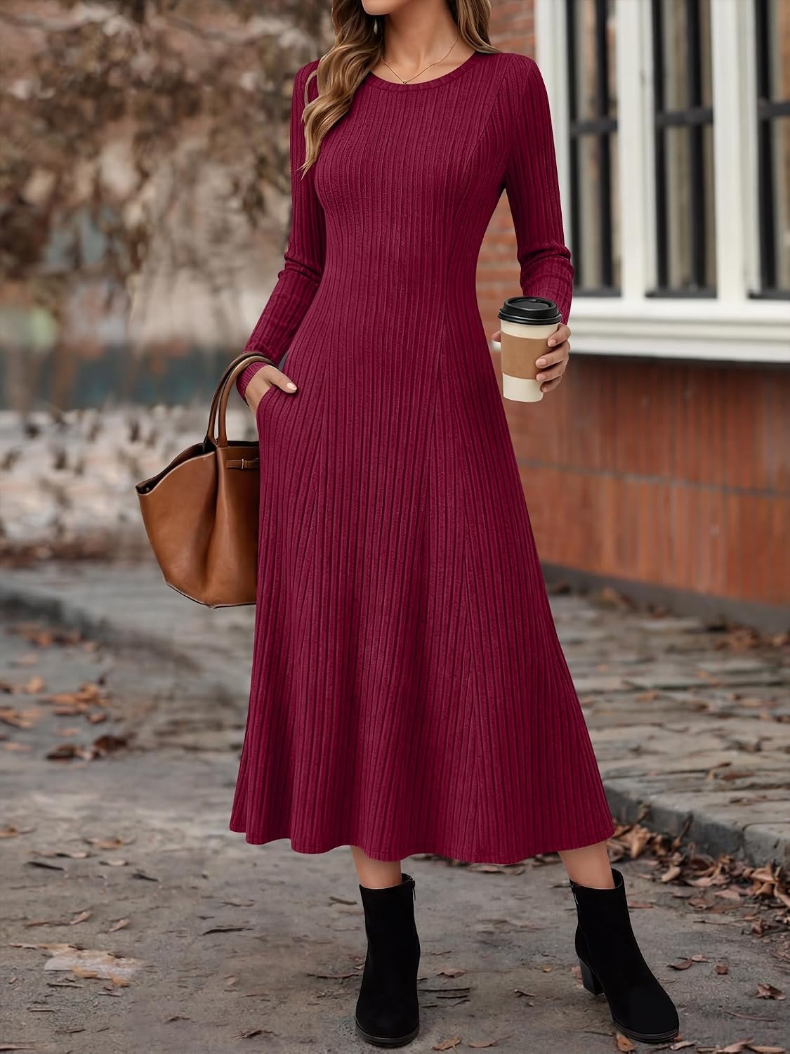 image:imageANRABESS Womens Long Sleeve Ribbed Knit Fall Casual Maxi DressBurgundy