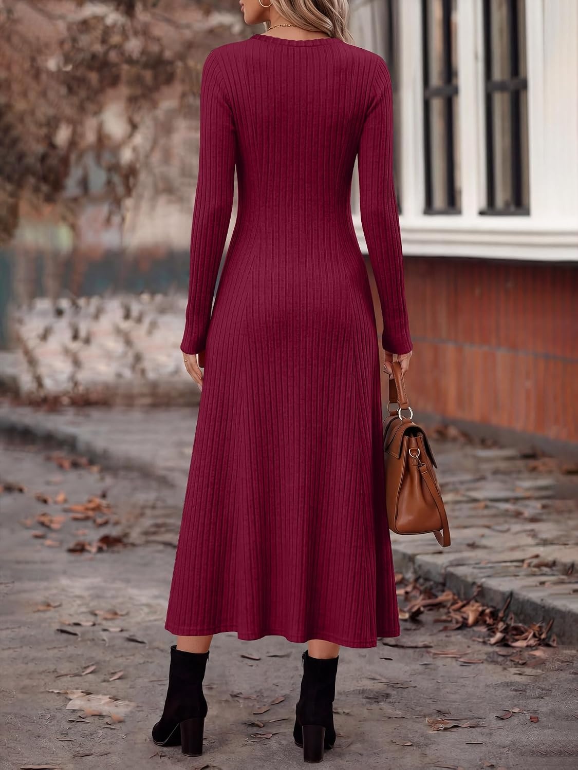 image:imageANRABESS Womens Long Sleeve Ribbed Knit Fall Casual Maxi DressBurgundy