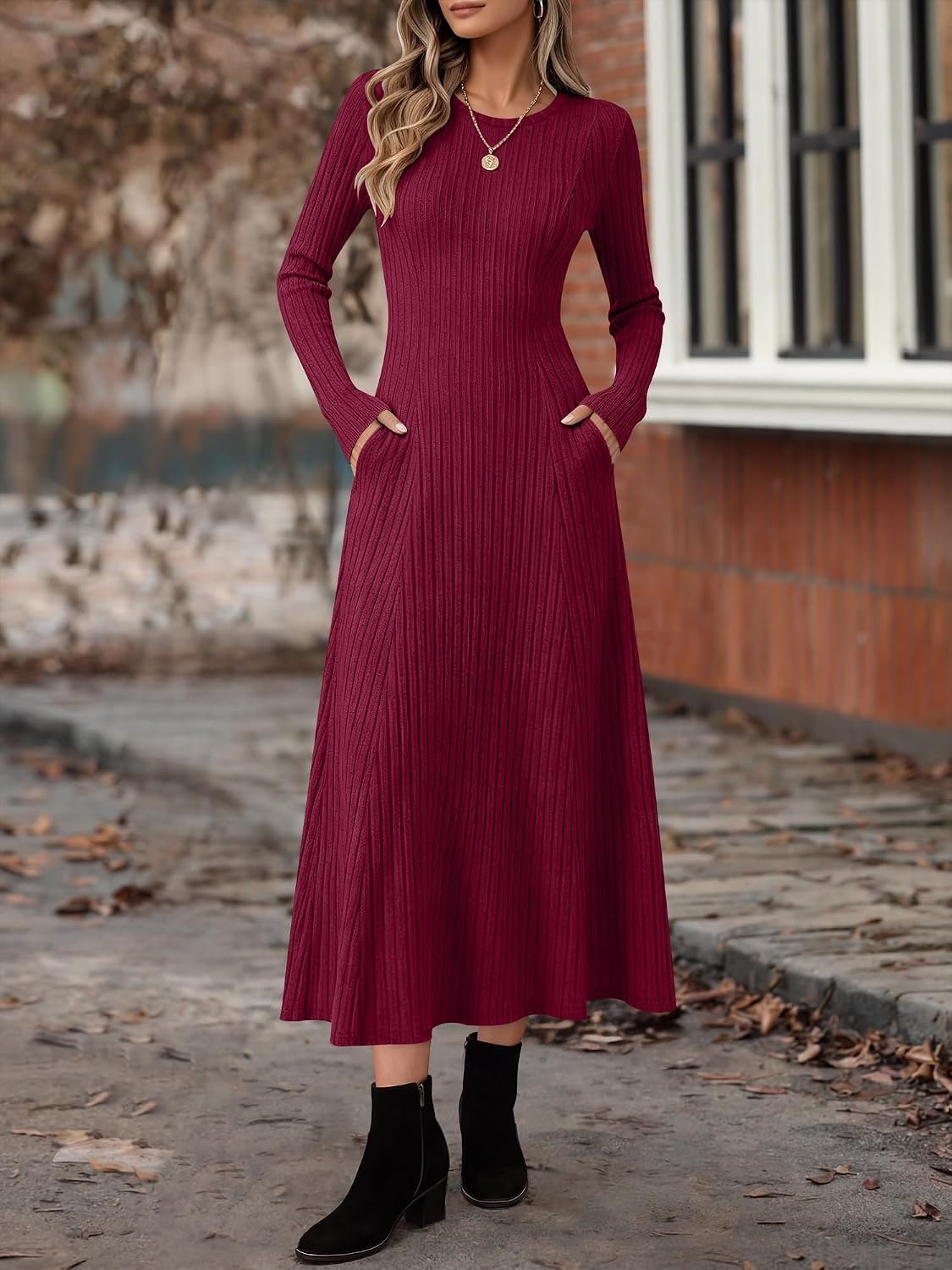 image:imageANRABESS Womens Long Sleeve Ribbed Knit Fall Casual Maxi DressBurgundy
