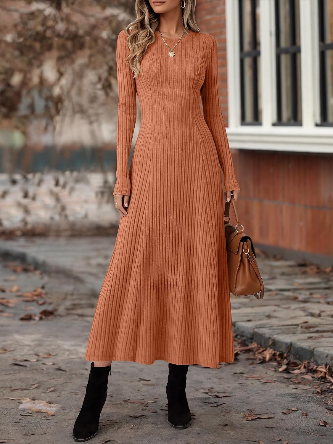 image:imageANRABESS Womens Long Sleeve Ribbed Knit Fall Casual Maxi DressCaramel