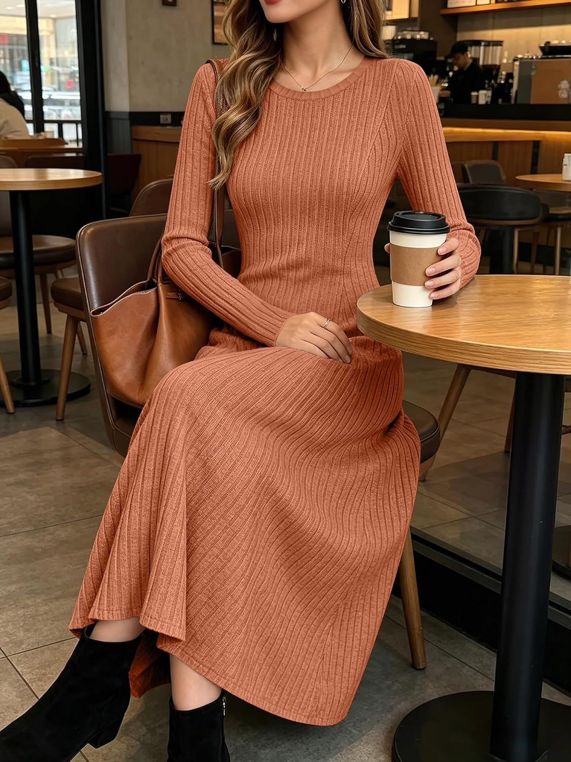 image:imageANRABESS Womens Long Sleeve Ribbed Knit Fall Casual Maxi DressCaramel