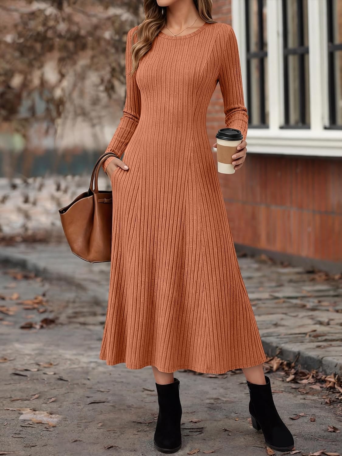 image:imageANRABESS Womens Long Sleeve Ribbed Knit Fall Casual Maxi DressCaramel