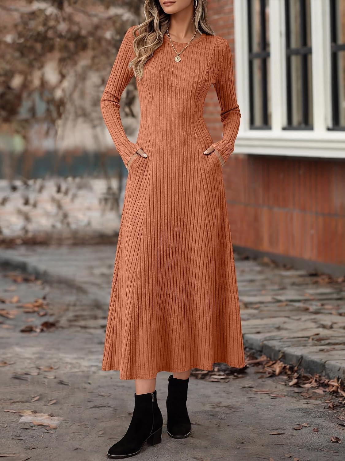 image:imageANRABESS Womens Long Sleeve Ribbed Knit Fall Casual Maxi DressCaramel