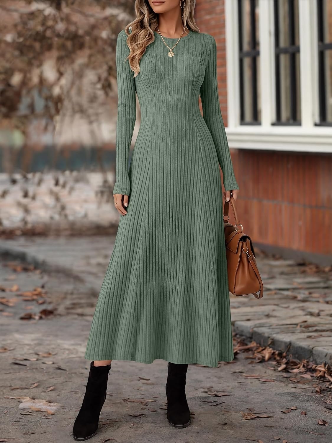 image:imageANRABESS Womens Long Sleeve Ribbed Knit Fall Casual Maxi DressGreen