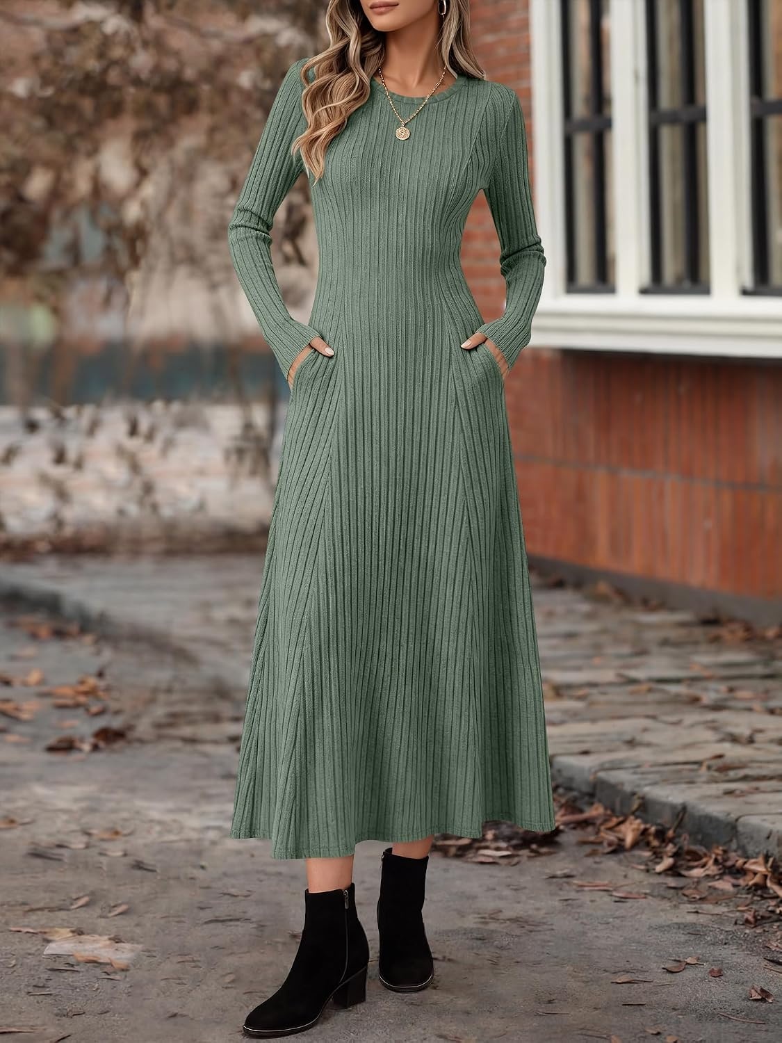image:imageANRABESS Womens Long Sleeve Ribbed Knit Fall Casual Maxi DressGreen