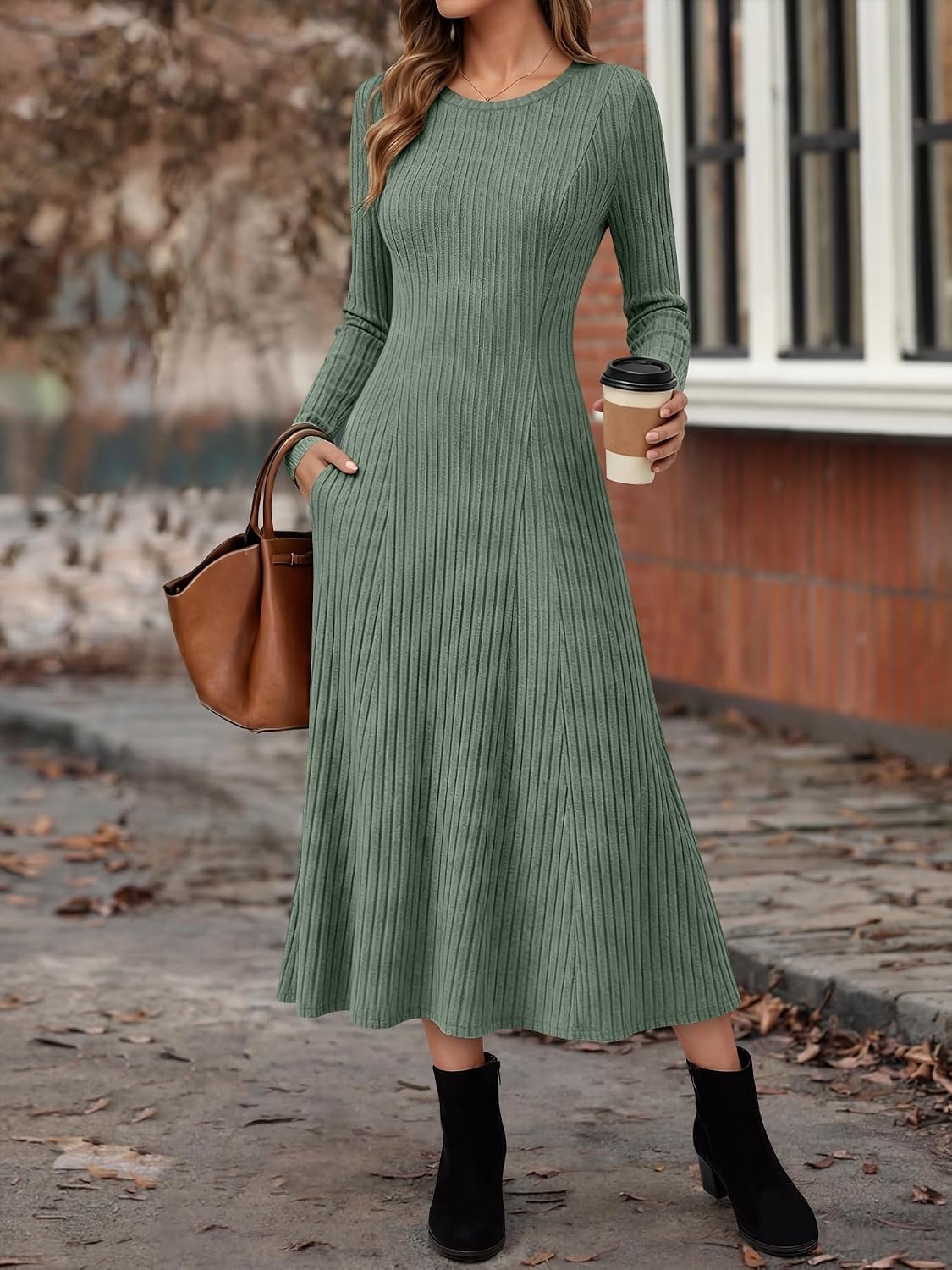 image:imageANRABESS Womens Long Sleeve Ribbed Knit Fall Casual Maxi DressGreen