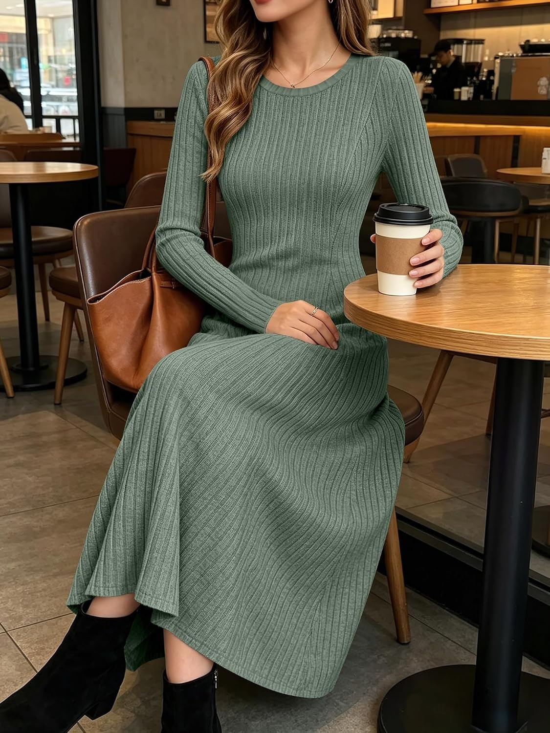 image:imageANRABESS Womens Long Sleeve Ribbed Knit Fall Casual Maxi DressGreen