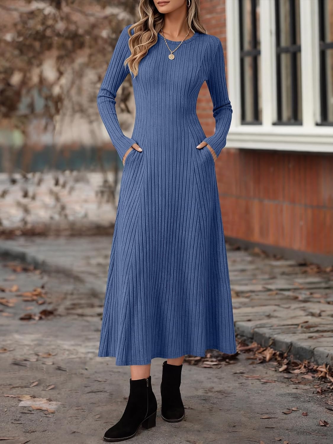 image:imageANRABESS Womens Long Sleeve Ribbed Knit Fall Casual Maxi DressNavy Blue