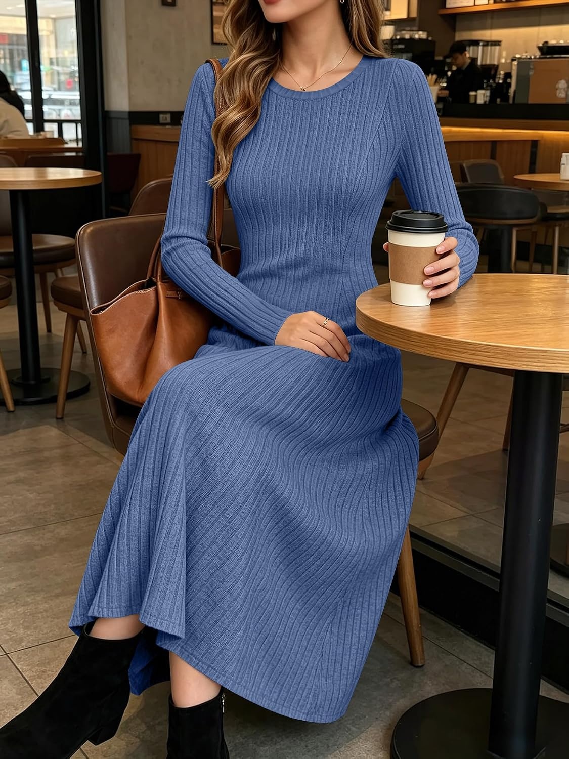 image:imageANRABESS Womens Long Sleeve Ribbed Knit Fall Casual Maxi DressNavy Blue
