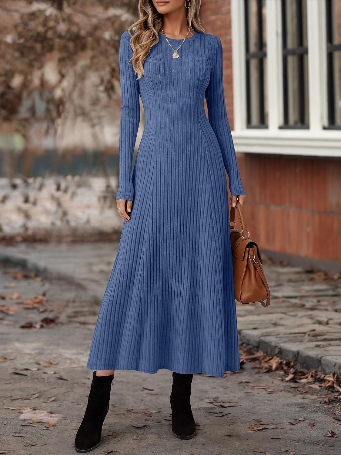 image:imageANRABESS Womens Long Sleeve Ribbed Knit Fall Casual Maxi DressNavy Blue