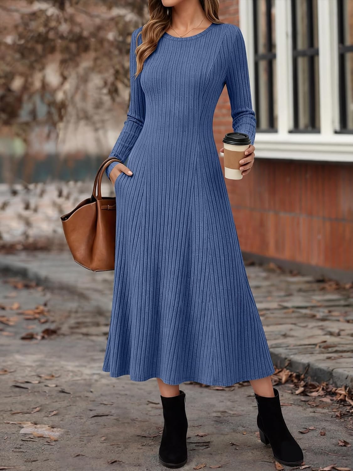 image:imageANRABESS Womens Long Sleeve Ribbed Knit Fall Casual Maxi DressNavy Blue