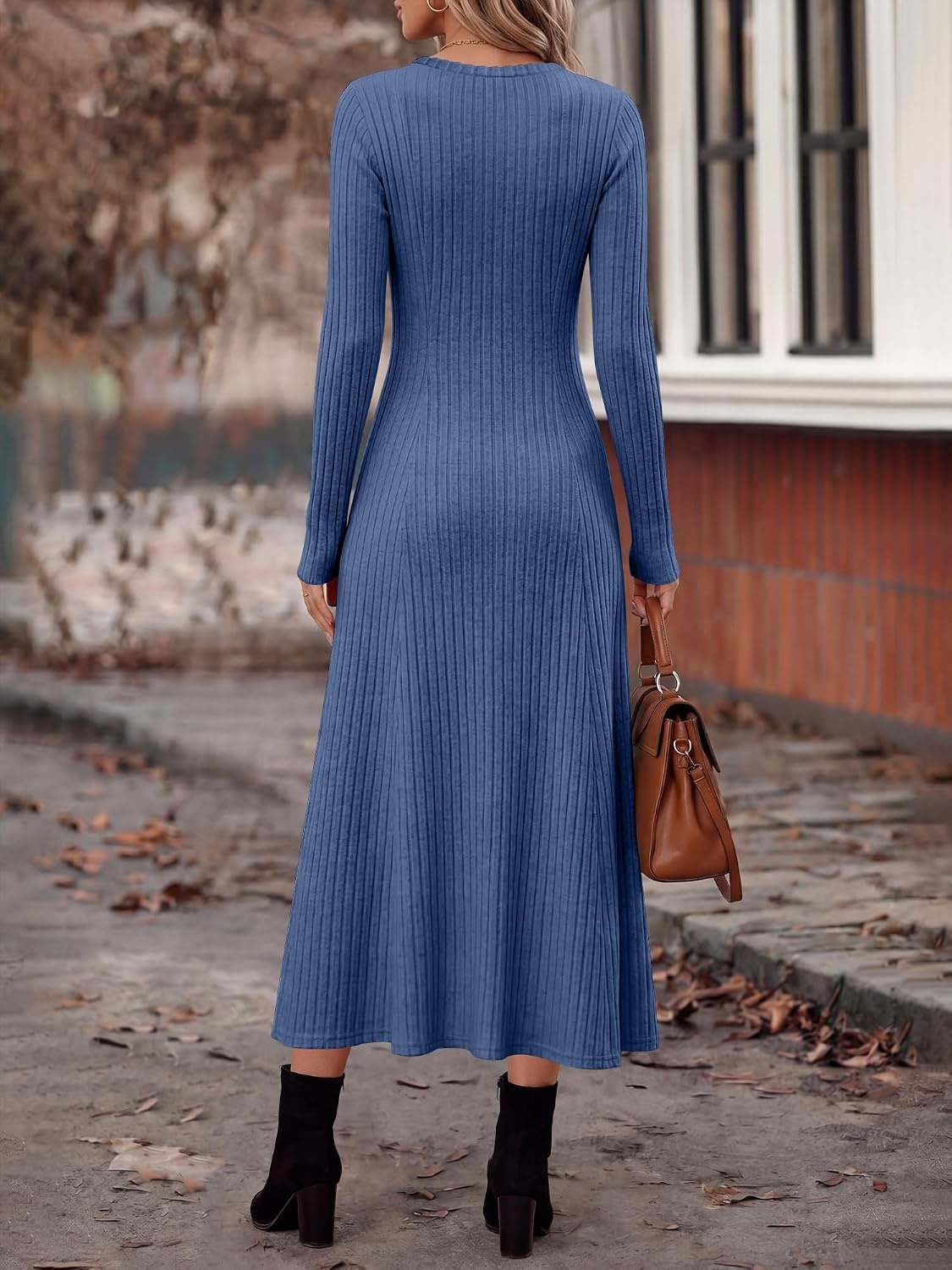 image:imageANRABESS Womens Long Sleeve Ribbed Knit Fall Casual Maxi DressNavy Blue
