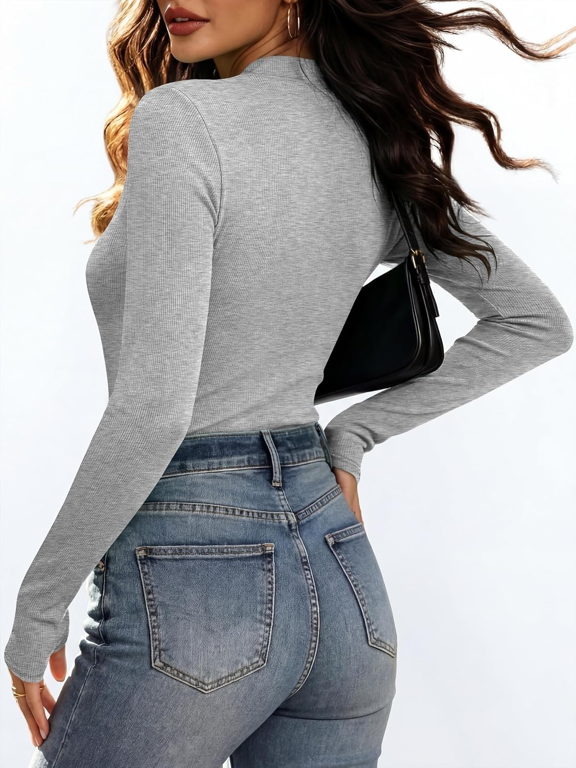 image:imageANRABESS Womens Long Sleeve Shirts V Neck Ribbed Knit Fitted Fall TopsGrey